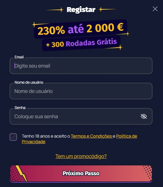 Spinlander Casino registo passo 1